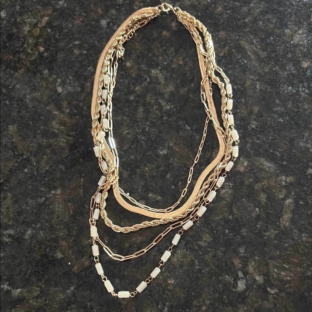 Elegant Gold and White Layered Necklace 5 strand